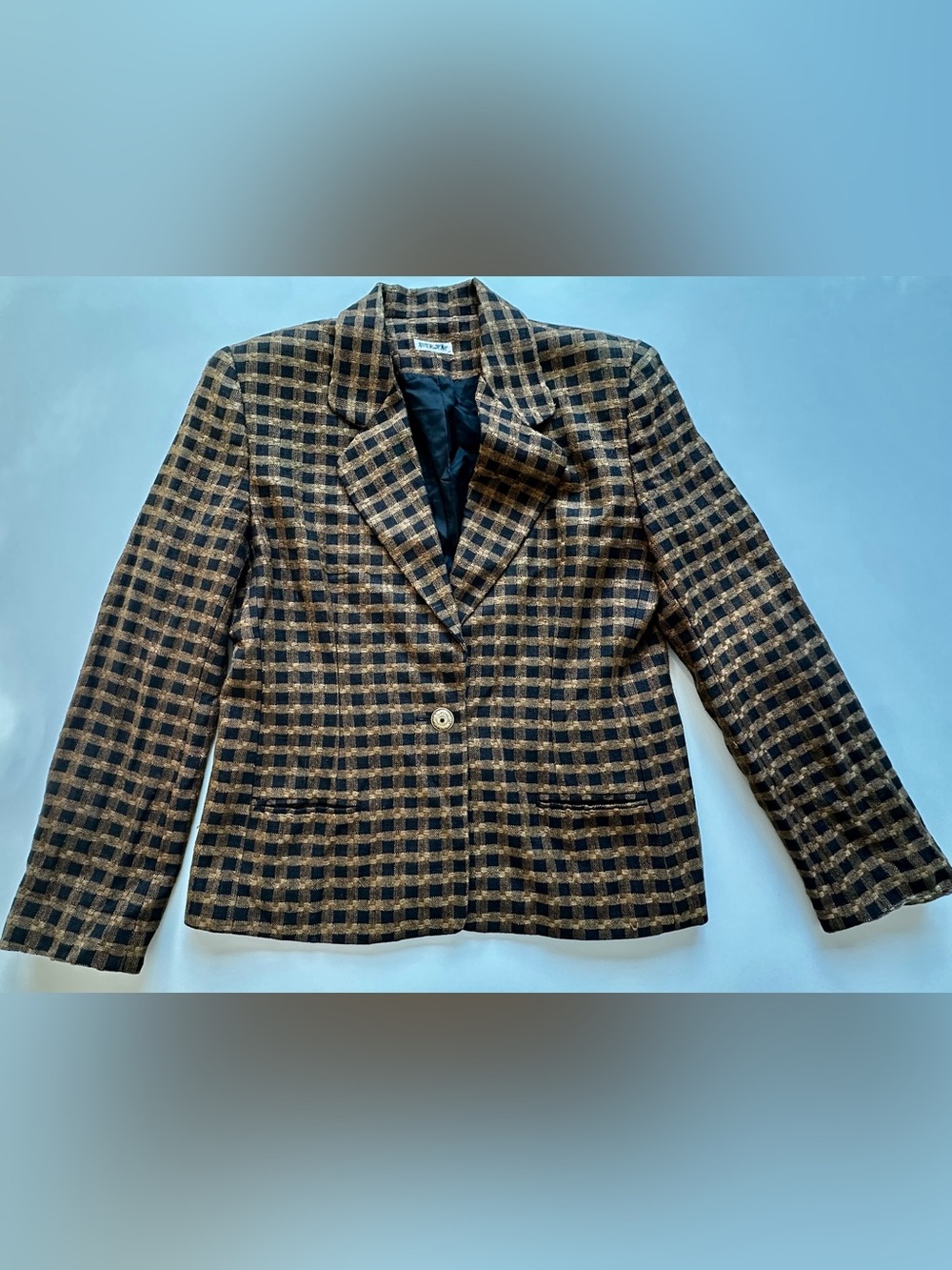 Vintage Ann May 100% Silk Check Blazer Brown Black Size 8
